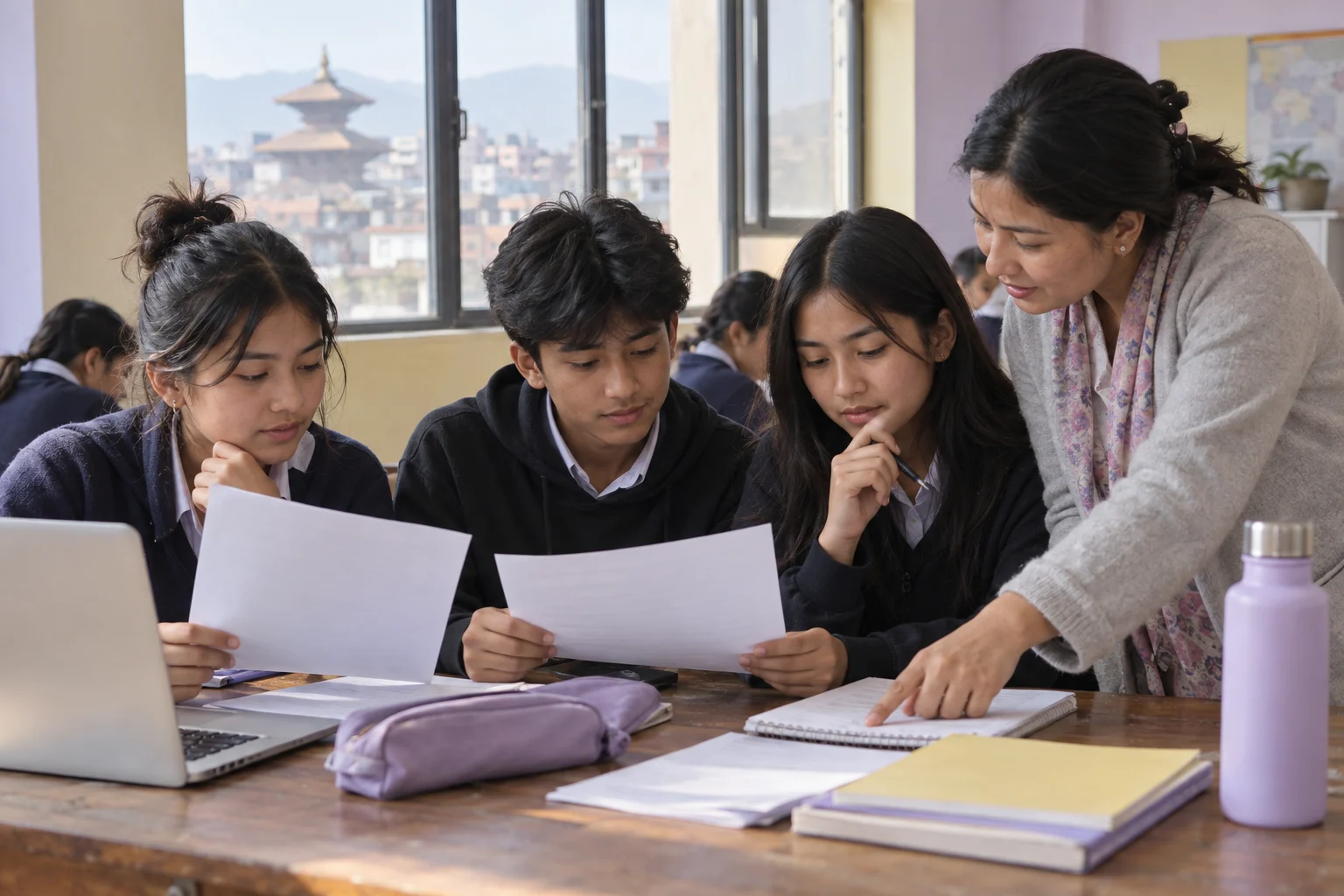 Nepali teenage girls and boy researching test-optional university policies with a teacher