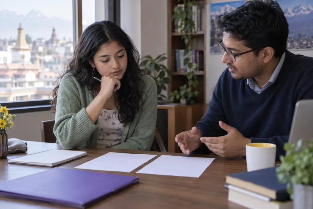 Nepali teenage girl comparing SAT score reports with a tutor for Score Choice