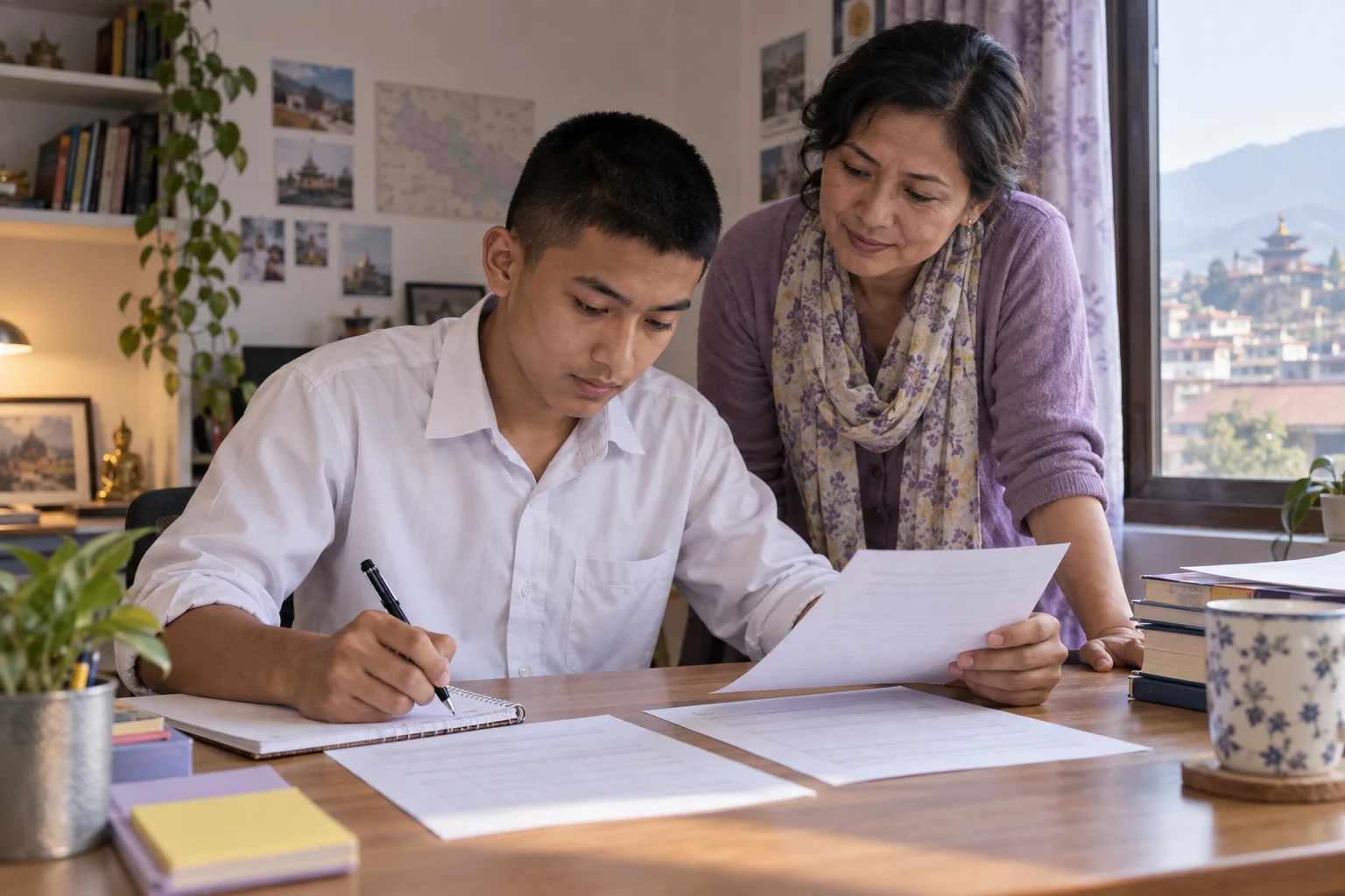 Nepali teenage boy comparing SAT results with a mentor before sending scores