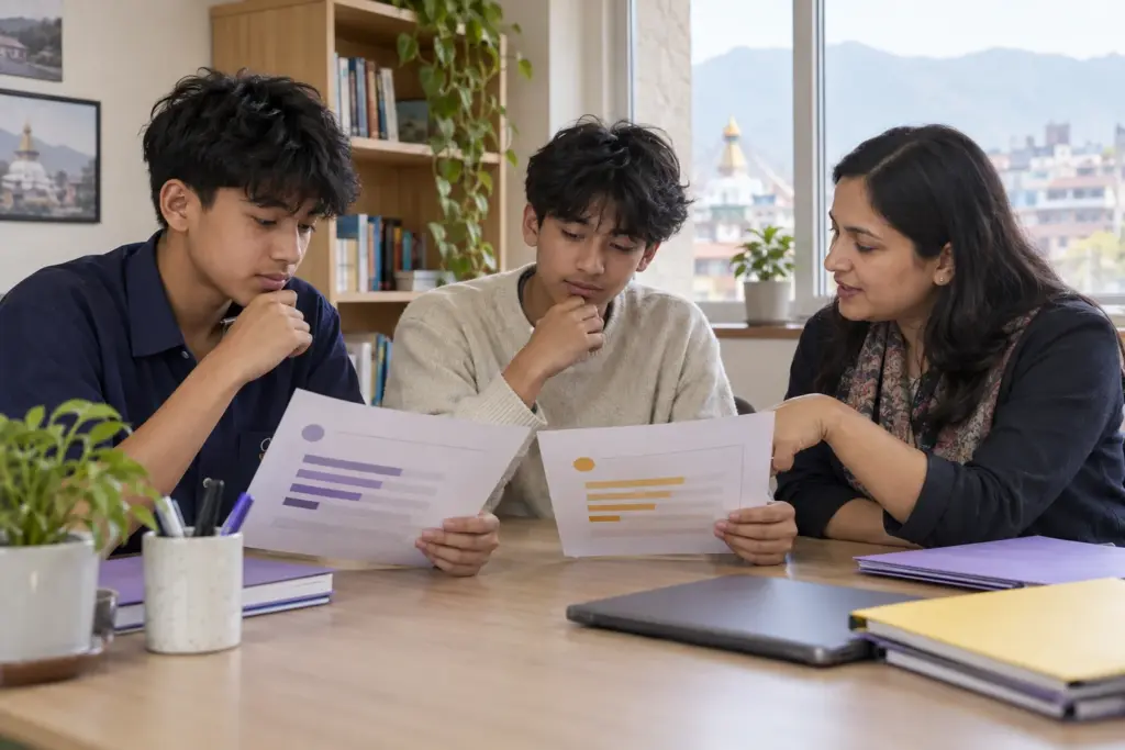 Two Nepali teenage boys discussing SAT superscoring with a teacher