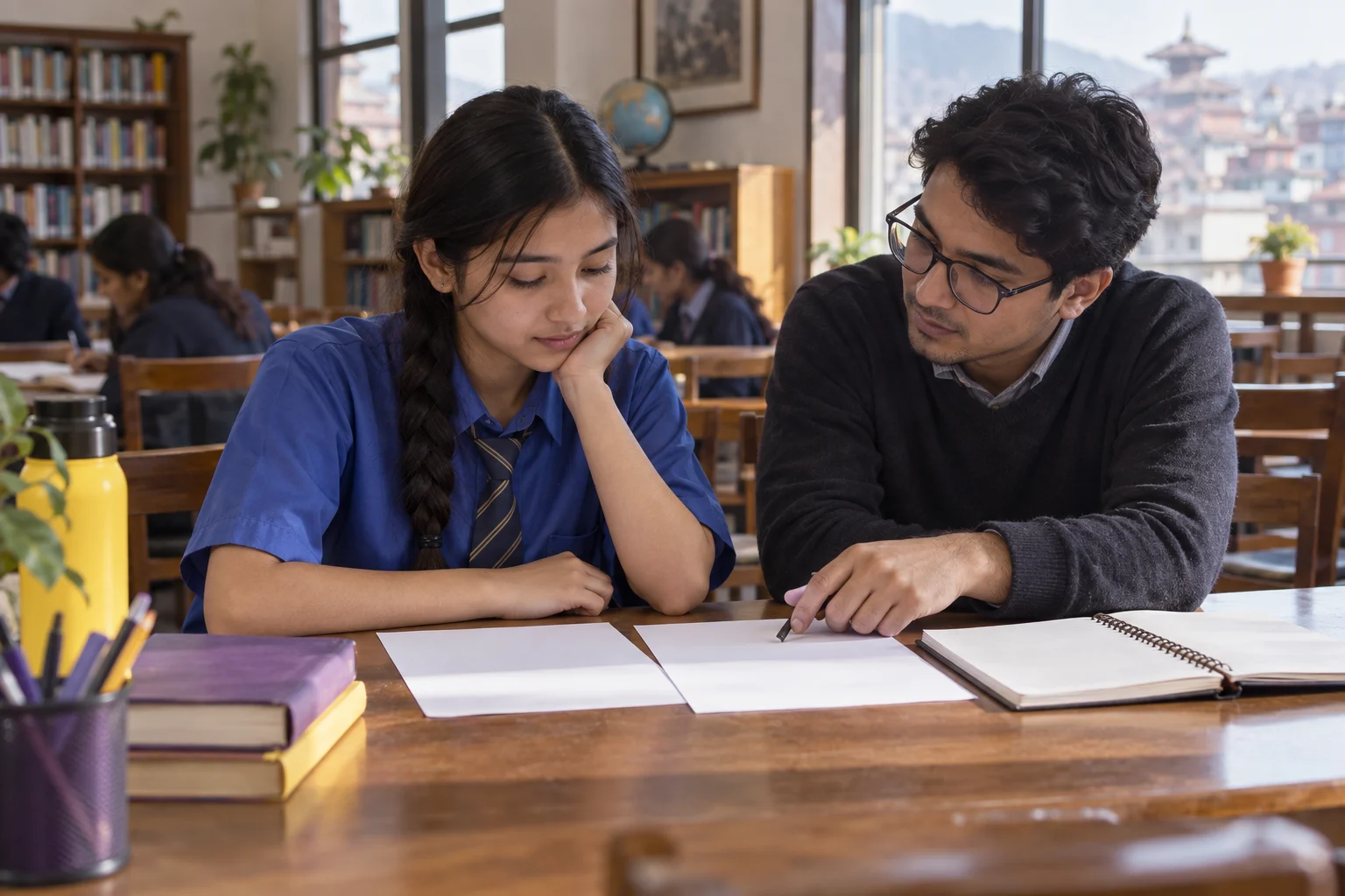 Nepali teenage girl comparing SAT section results with a mentor