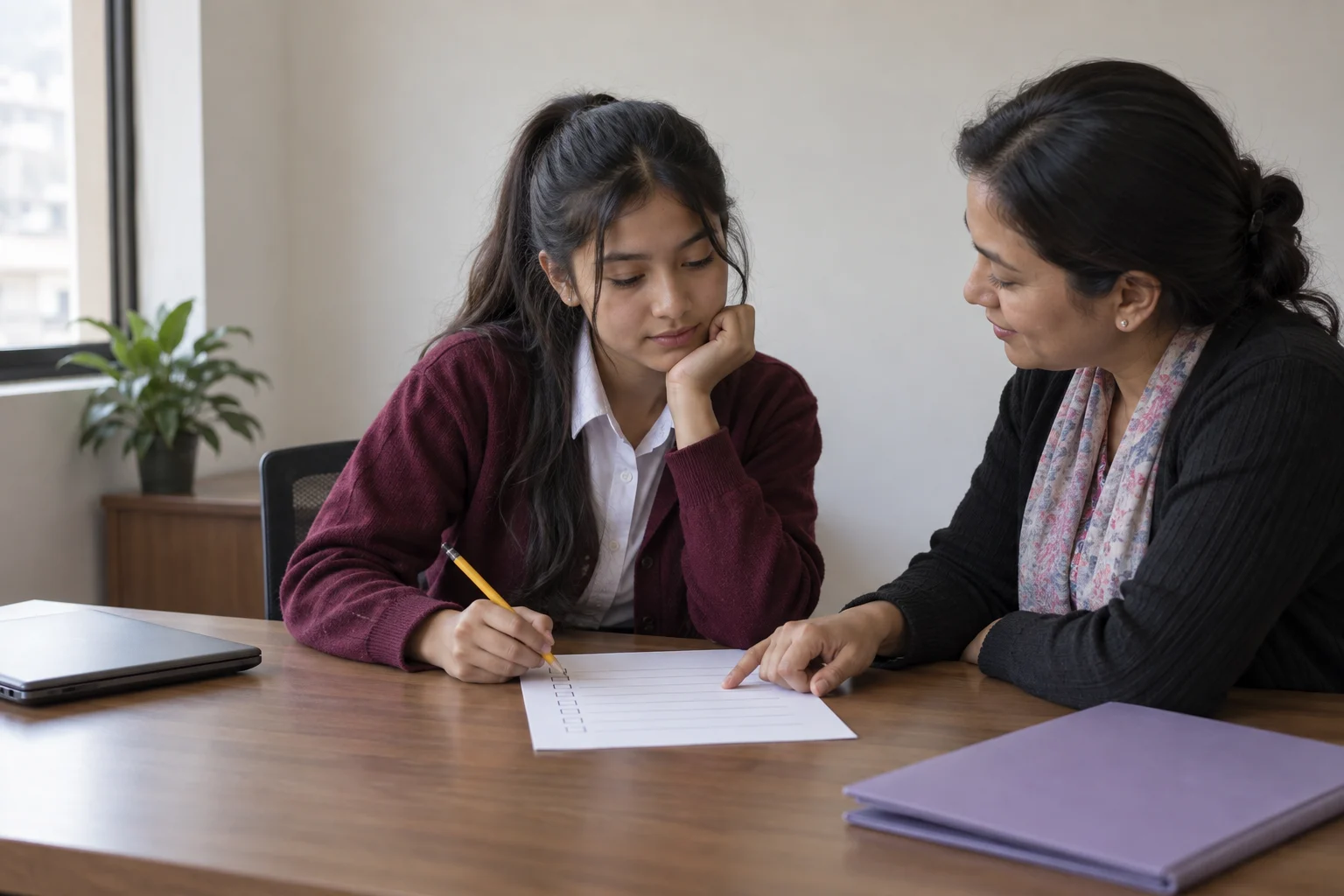 Nepali teenage girl reviewing SAT score-sending steps with a counsellor