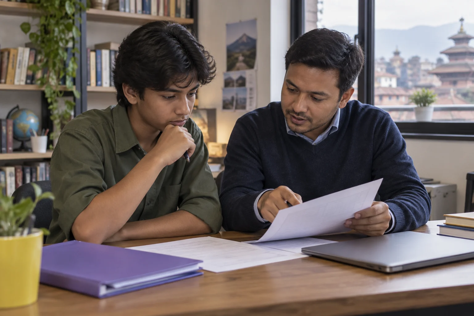 Nepali teenage boy checking SAT score submission records with a tutor