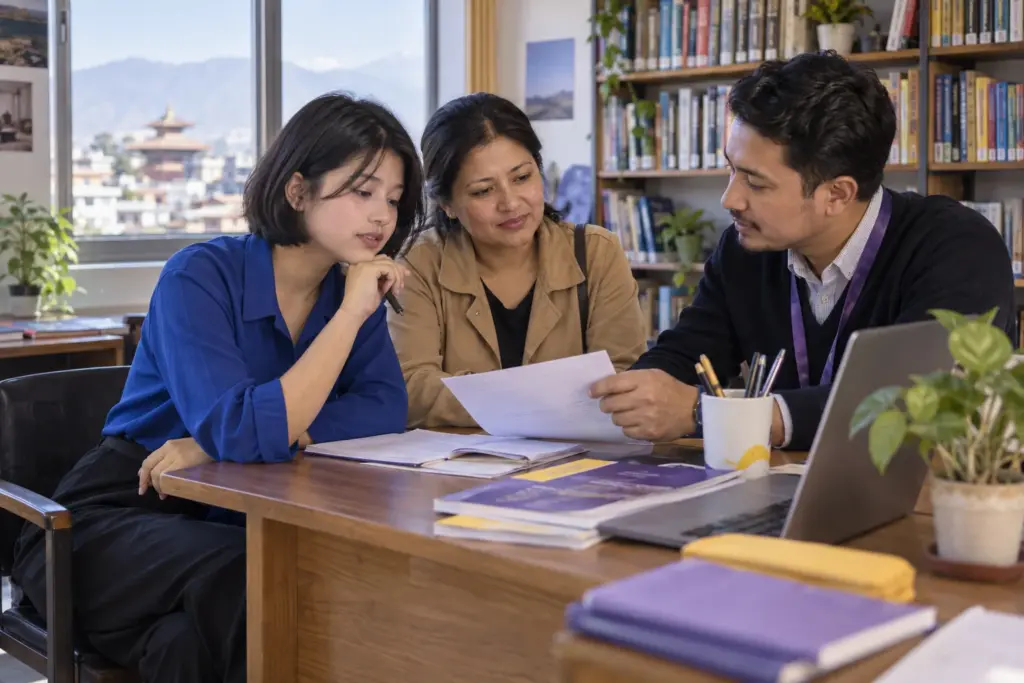 Nepali teenage girl researching SAT merit scholarships with her mother and a counsellor
