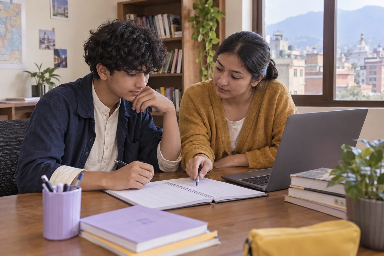 Nepali teenage boy reviewing SAT scholarship research with a tutor