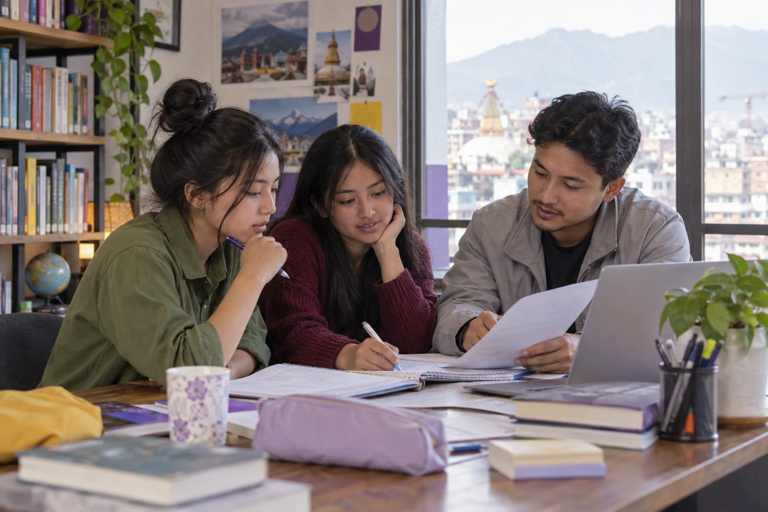 Nepali teenage girls comparing SAT and GPA evidence with a mentor