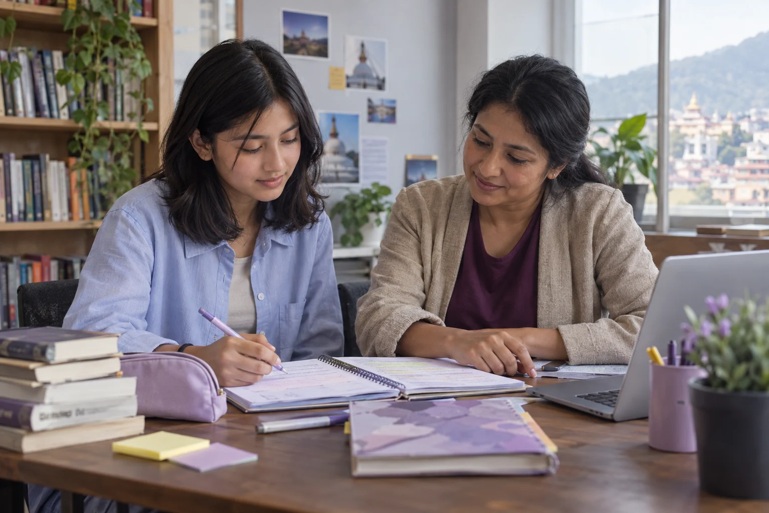 Nepali teenage girl reviewing SAT and GPA planning notes with a tutor