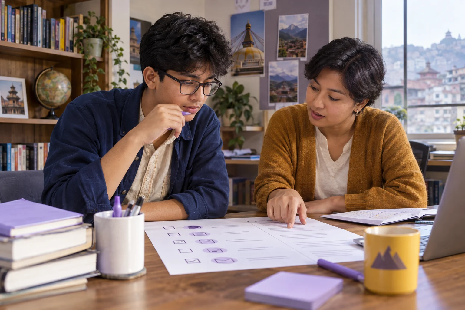 Nepali teenage boy planning an SAT and Common App checklist with a counsellor