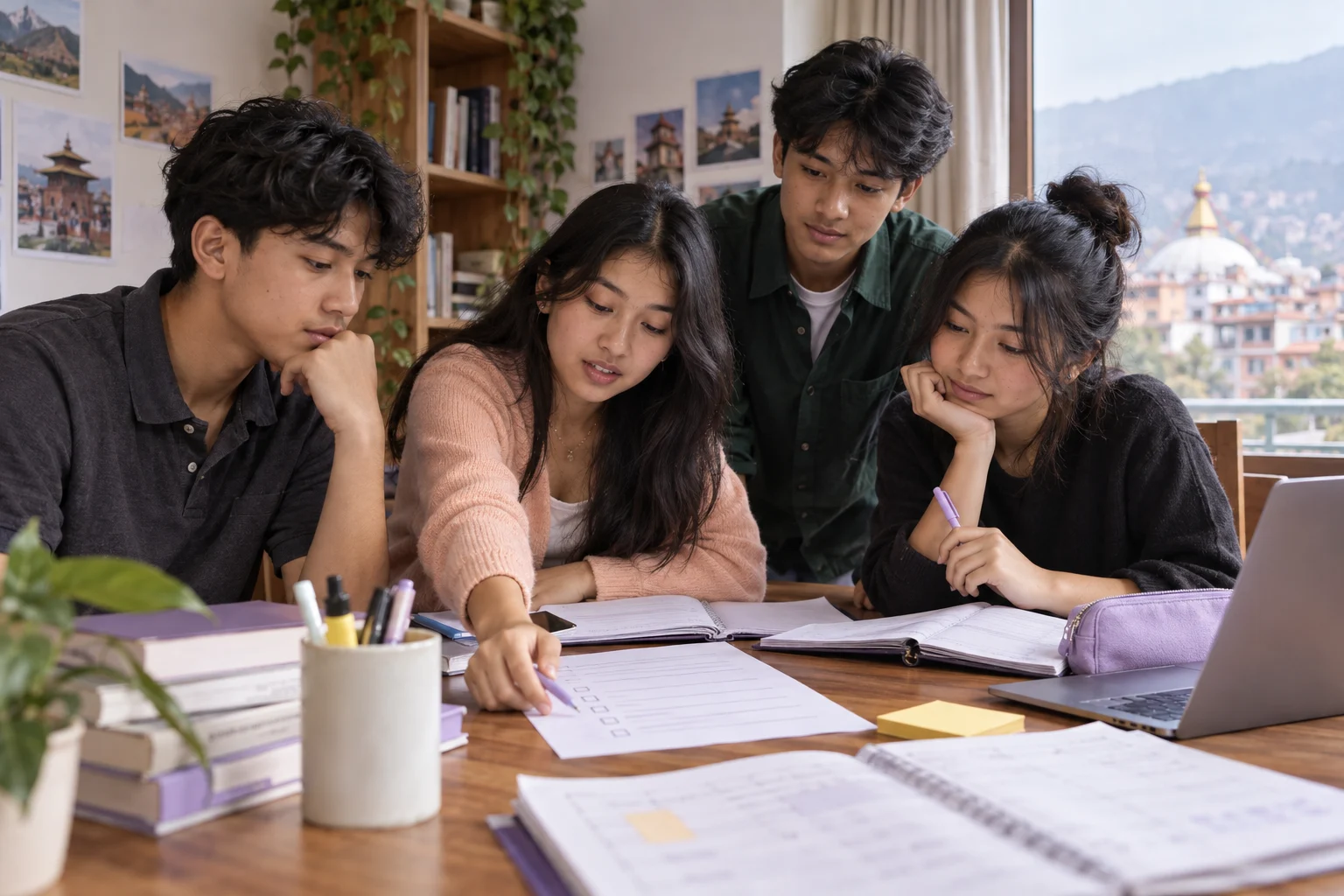 Nepali teenage students reviewing a Common App and SAT plan together
