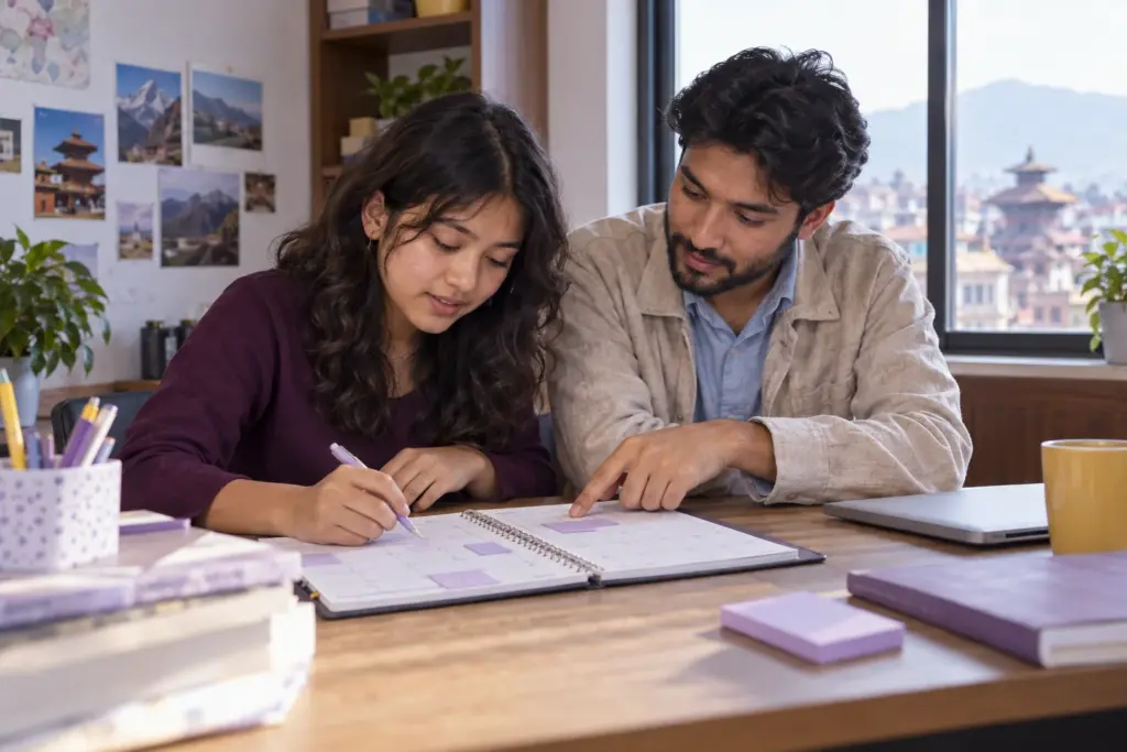 Nepali teenage girl building a 30-day SAT study plan with a tutor