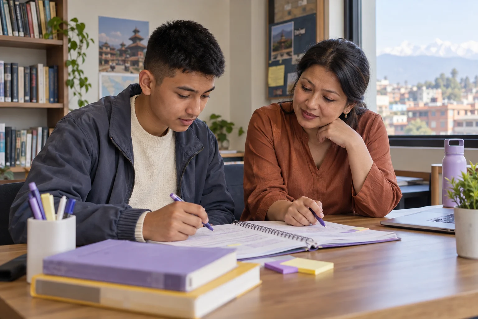 Nepali teenage boy reviewing daily SAT practice with a mentor