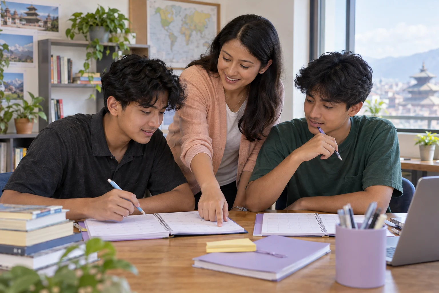 Nepali teenage boys planning a 60-day SAT study schedule with a teacher