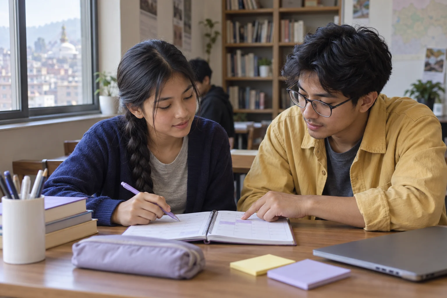 Nepali teenage girl reviewing a 60-day SAT practice calendar with a mentor