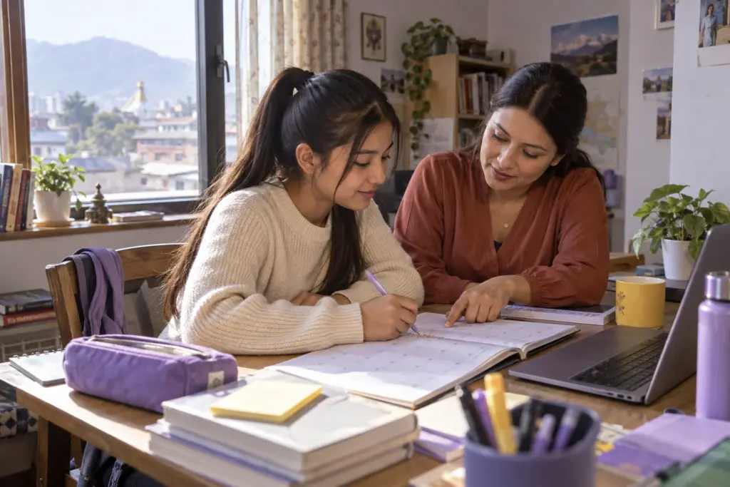Nepali teenage girl planning a 90-day SAT study schedule with a tutor