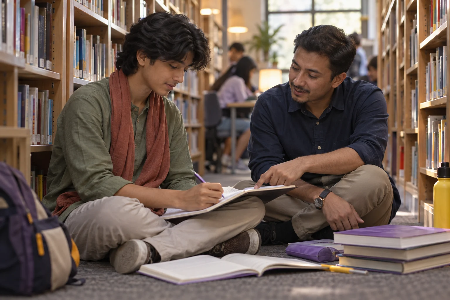 Nepali teenage boy reviewing an SAT practice milestone with a mentor in a library