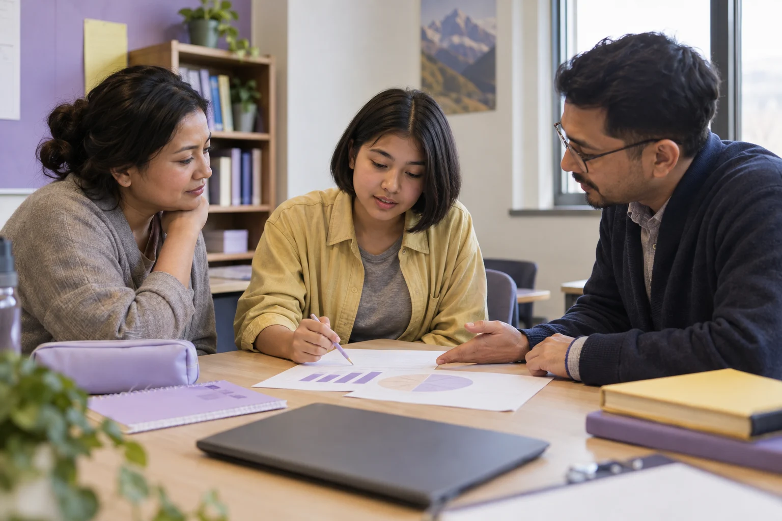 Nepali teenage girl reviewing SAT practice errors with her mother and a counsellor