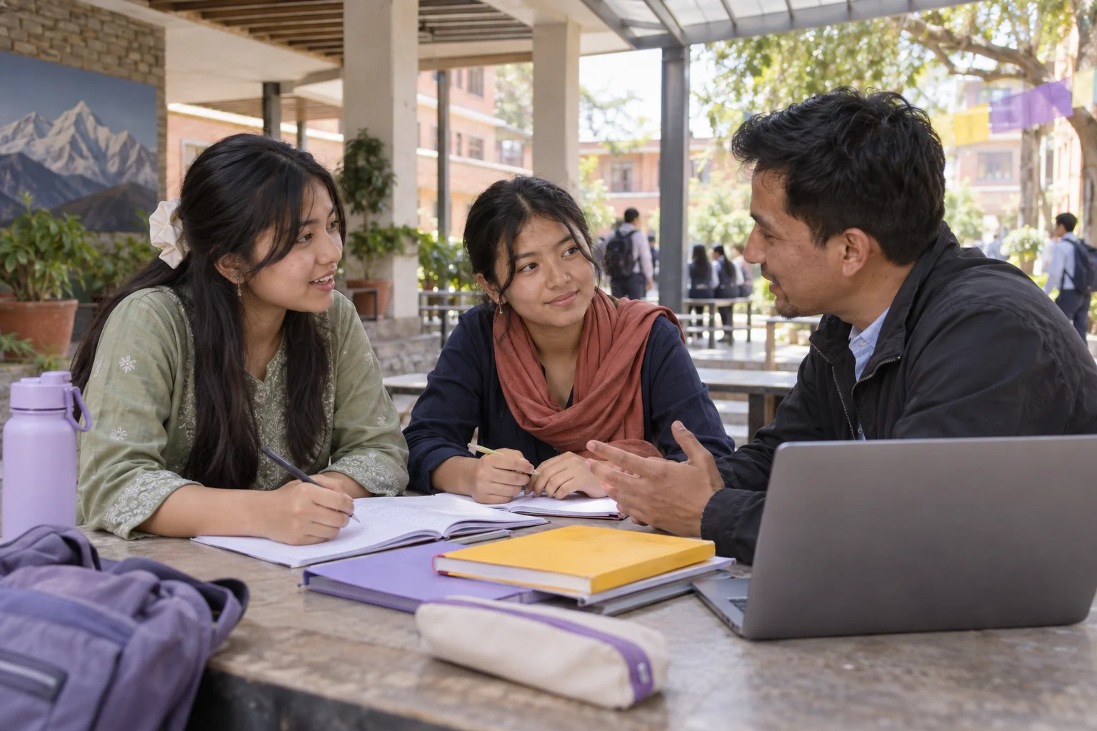 Two Nepali teenage girls discussing a longer SAT score improvement plan with a mentor
