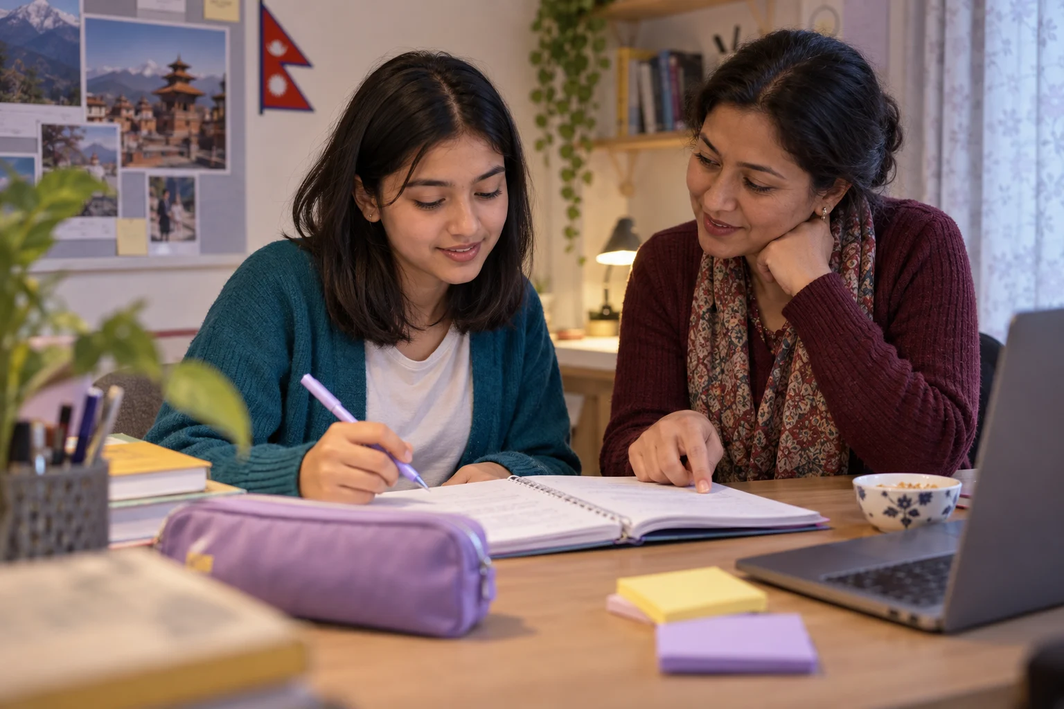 Nepali teenage girl reviewing SAT progress notes with a tutor