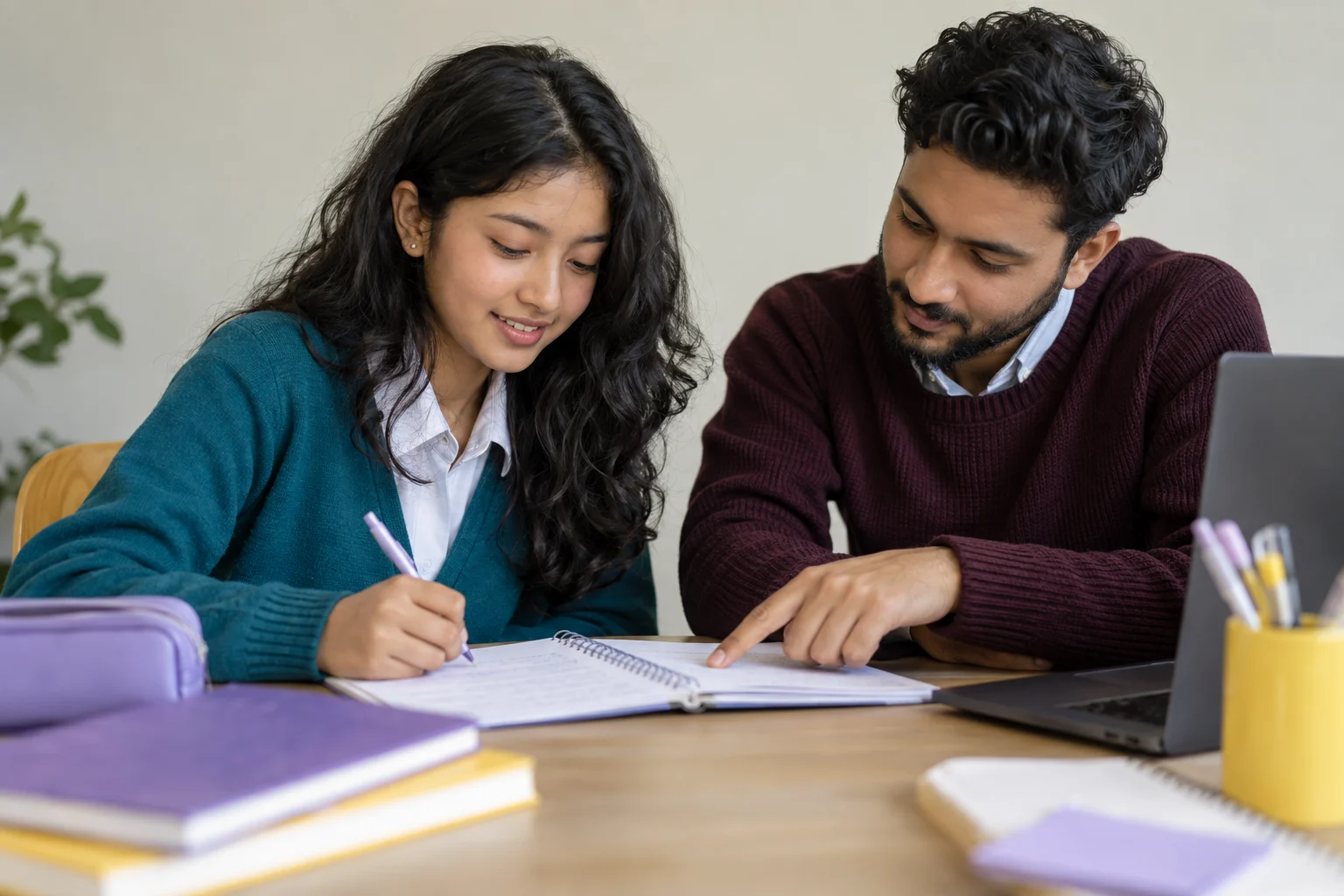 Nepali teenage girl reviewing SAT grammar patterns with a tutor