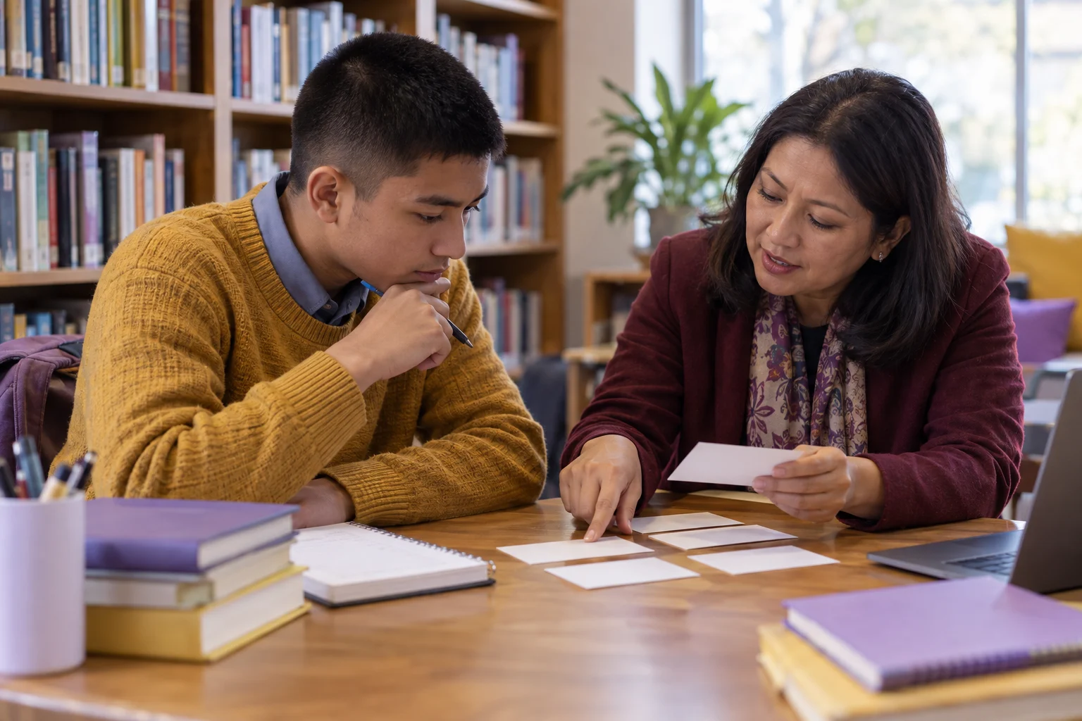 Nepali teenage boy discussing SAT grammar choices with a mentor