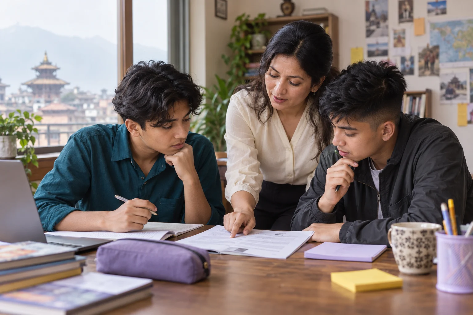 Two Nepali teenage boys discussing SAT vocabulary in context with a teacher