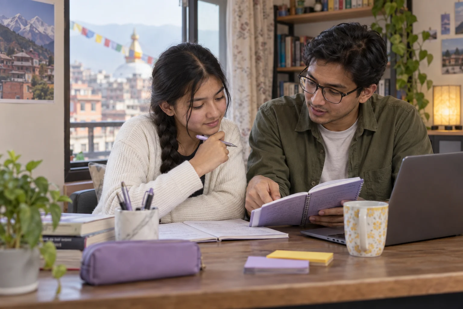 Nepali teenage girl reviewing SAT vocabulary notes with a mentor