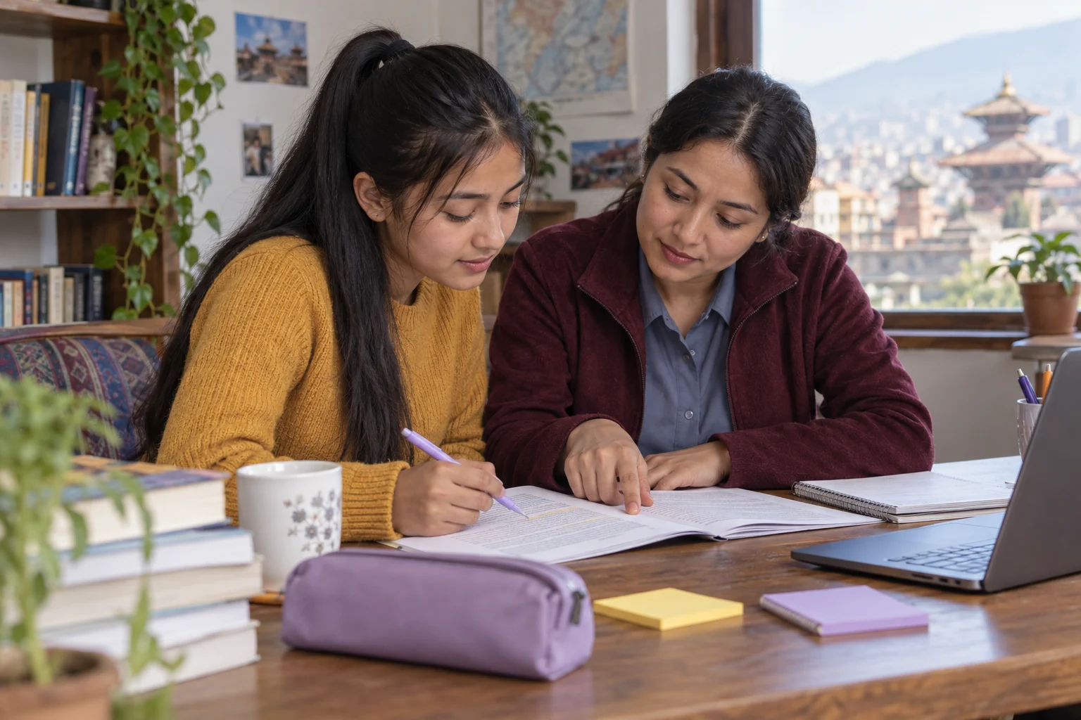 Nepali teenage girl annotating an SAT reading passage with a tutor