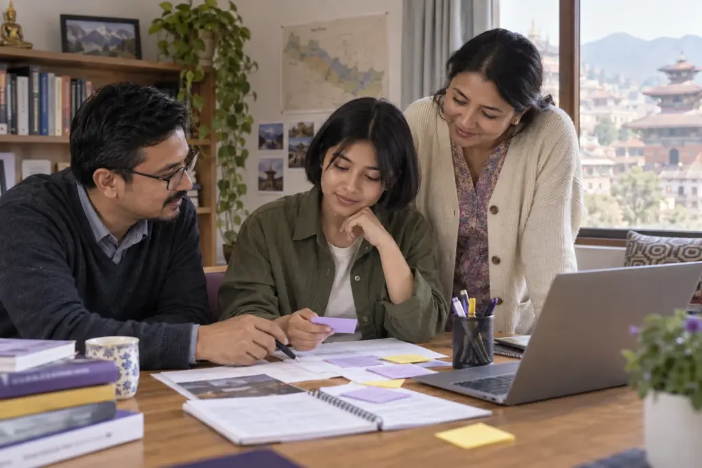 Nepali teenage girl organizing SAT rhetorical synthesis notes with a counsellor and parent