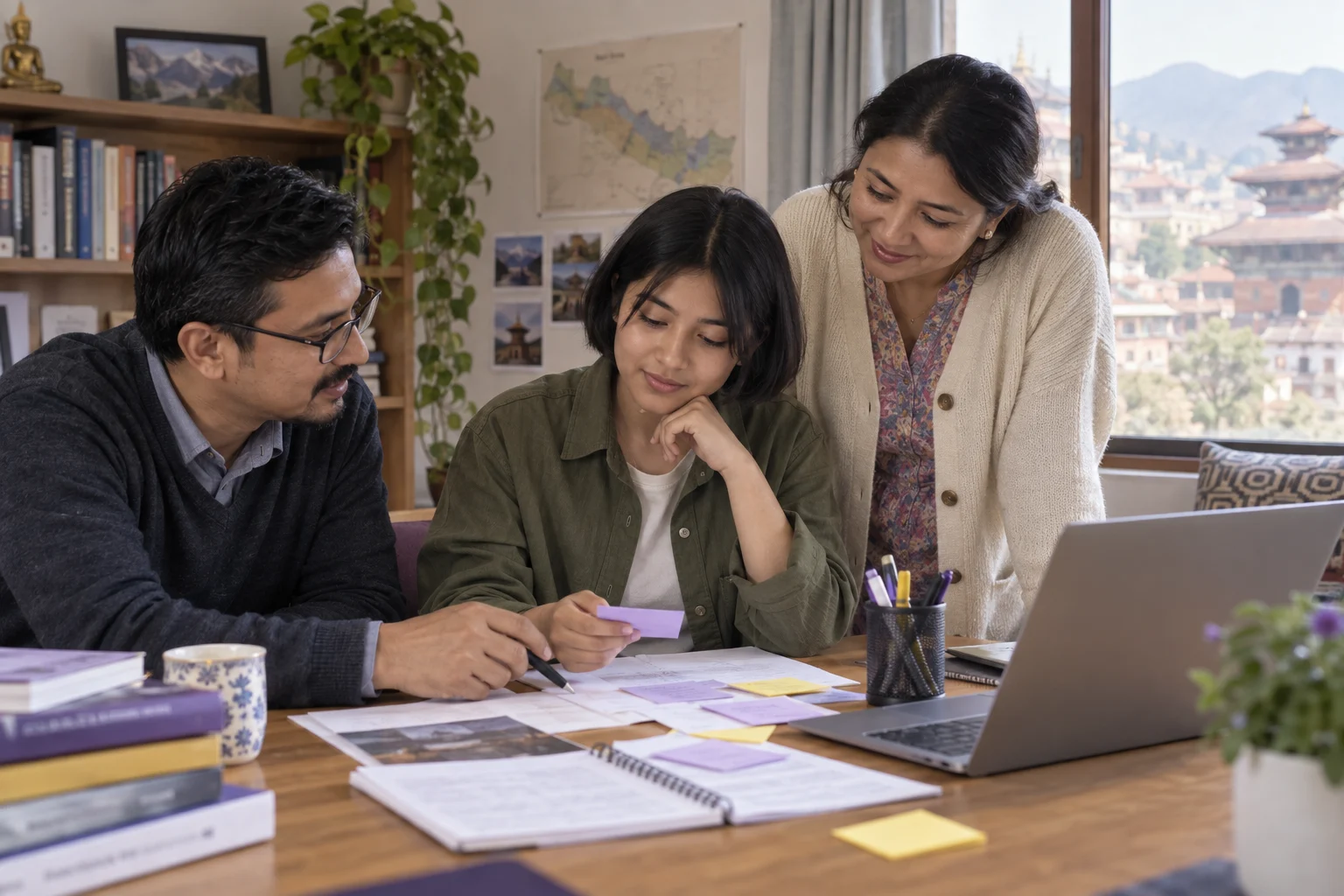 Nepali teenage girl organizing SAT rhetorical synthesis notes with a counsellor and parent