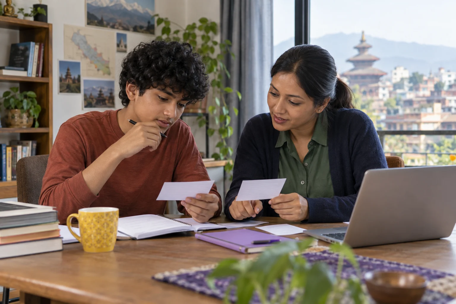Nepali teenage boy comparing SAT rhetorical synthesis notes with a tutor