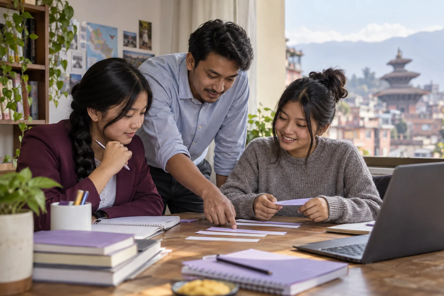 Two Nepali teenage girls studying SAT transitions with a mentor