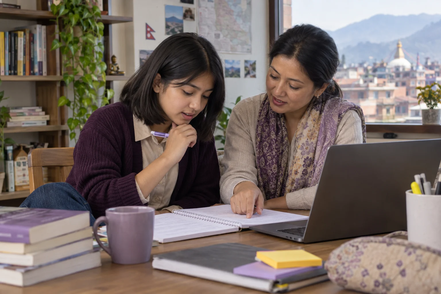 Nepali teenage girl checking SAT sentence transitions with a tutor