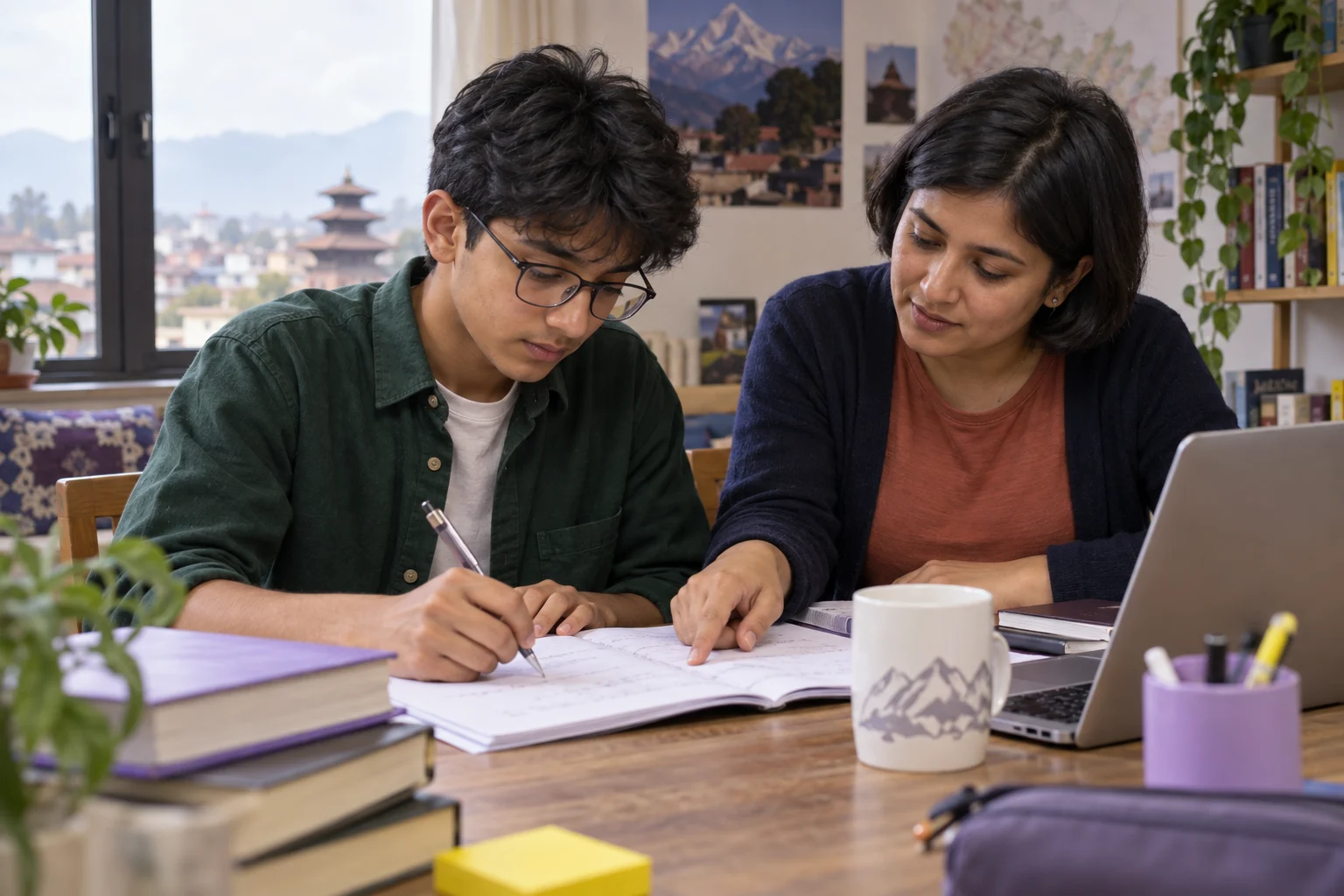 Nepali teenage boy solving an SAT math practice problem with a tutor