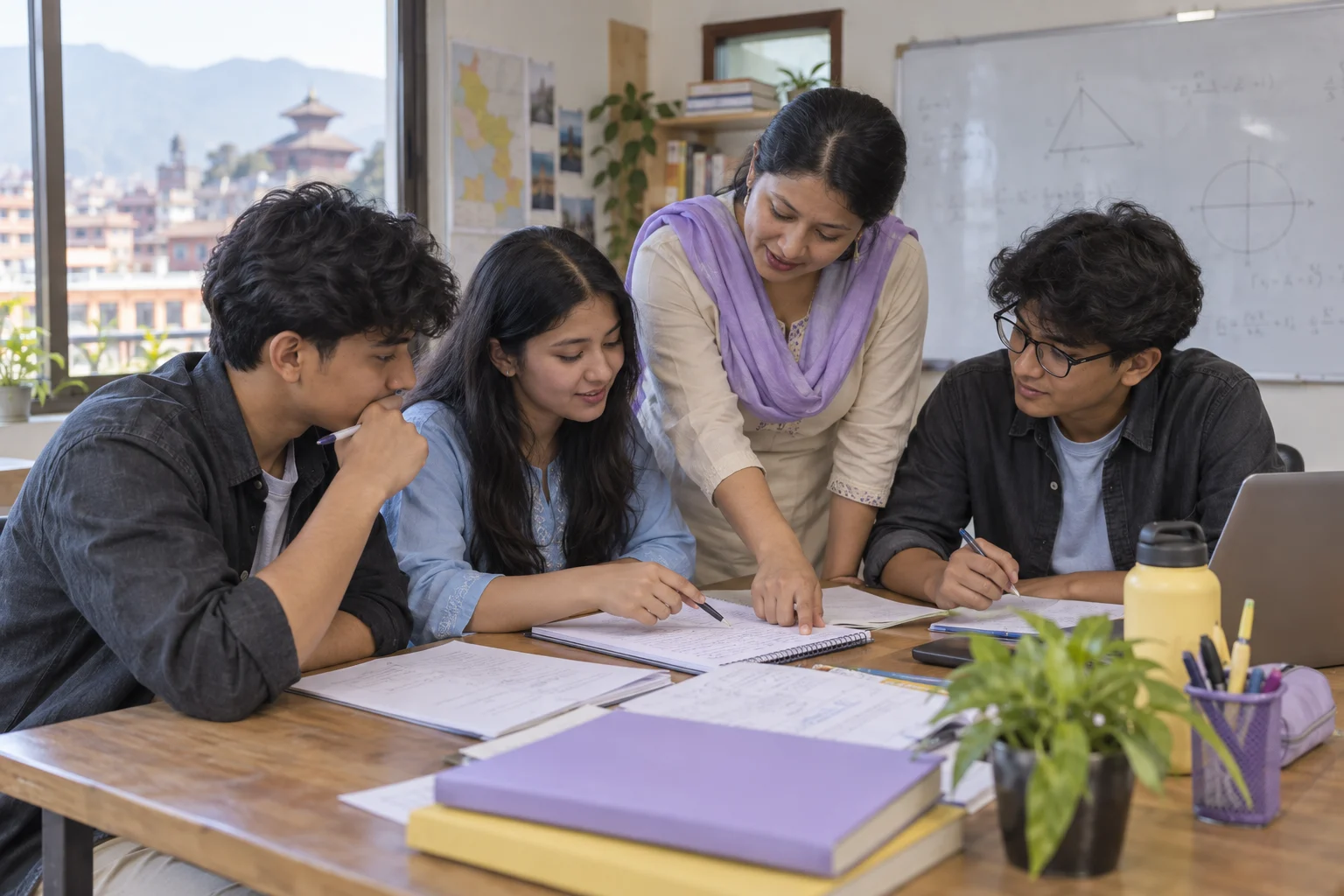 Nepali teenage students reviewing an SAT math diagnostic with a teacher