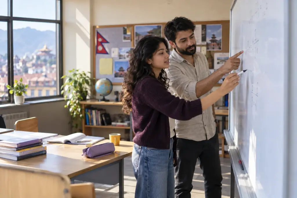 Nepali teenage girl working through SAT algebra with a tutor at a whiteboard