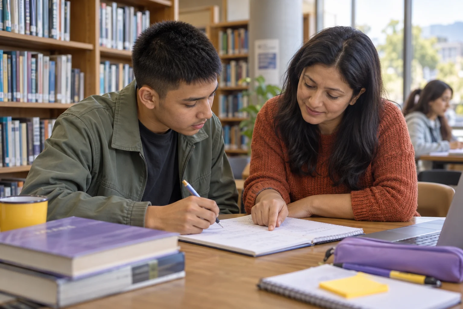 Nepali teenage boy reviewing SAT algebra steps with a mentor