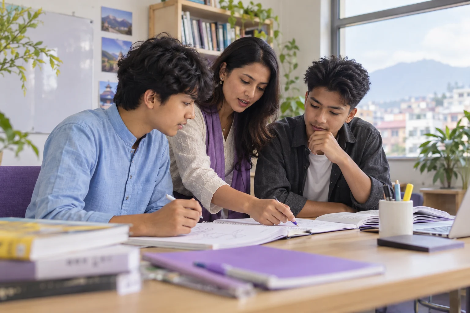 Two Nepali teenage boys studying advanced SAT math with a teacher