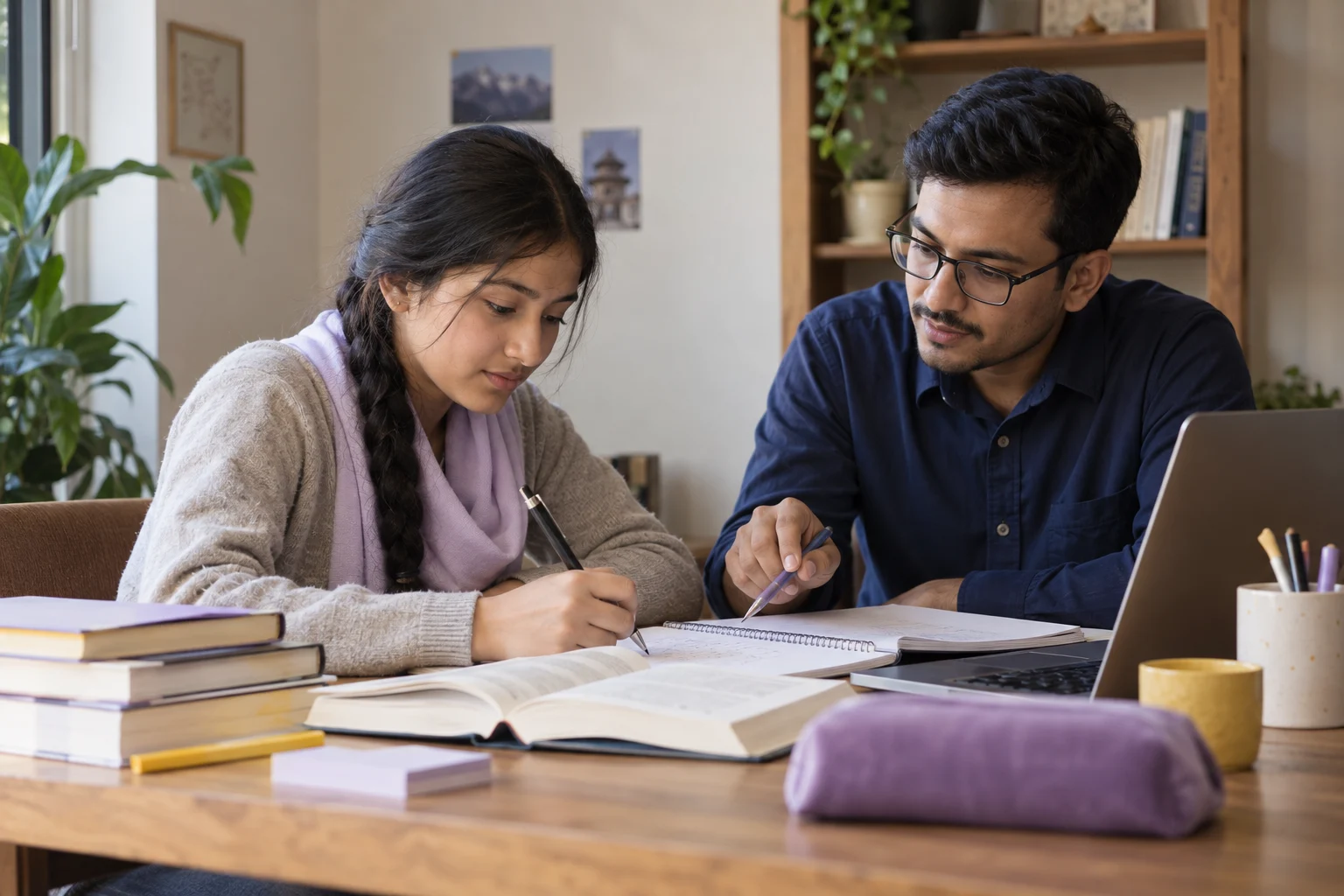Nepali teenage girl solving advanced SAT math with a tutor
