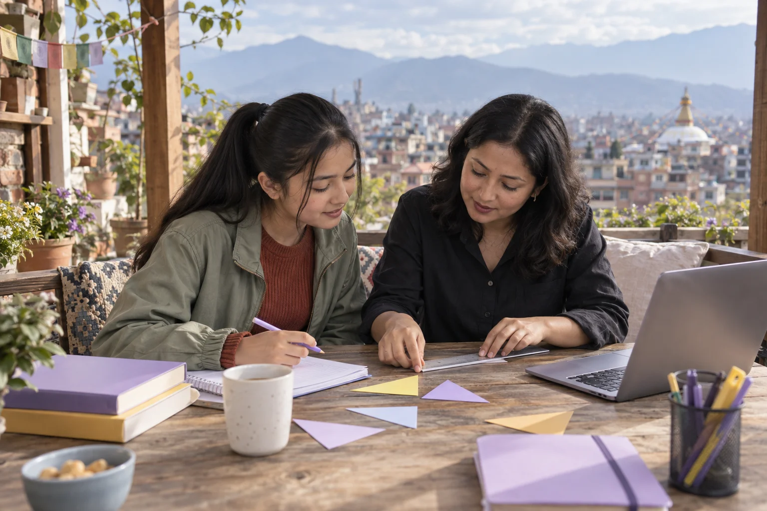 Nepali teenage girl using triangle shapes to study SAT geometry with a tutor