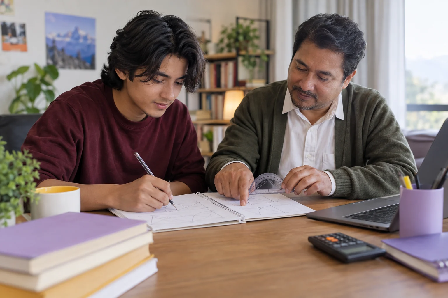 Nepali teenage boy reviewing SAT geometry with a tutor and protractor