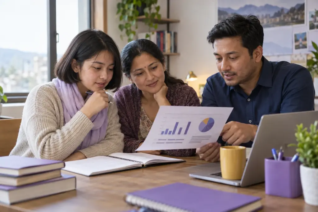 Nepali teenage girl reviewing SAT data analysis charts with family and counsellor