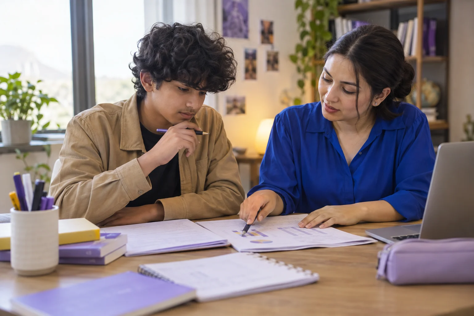 Nepali teenage boy examining SAT data analysis practice with a tutor