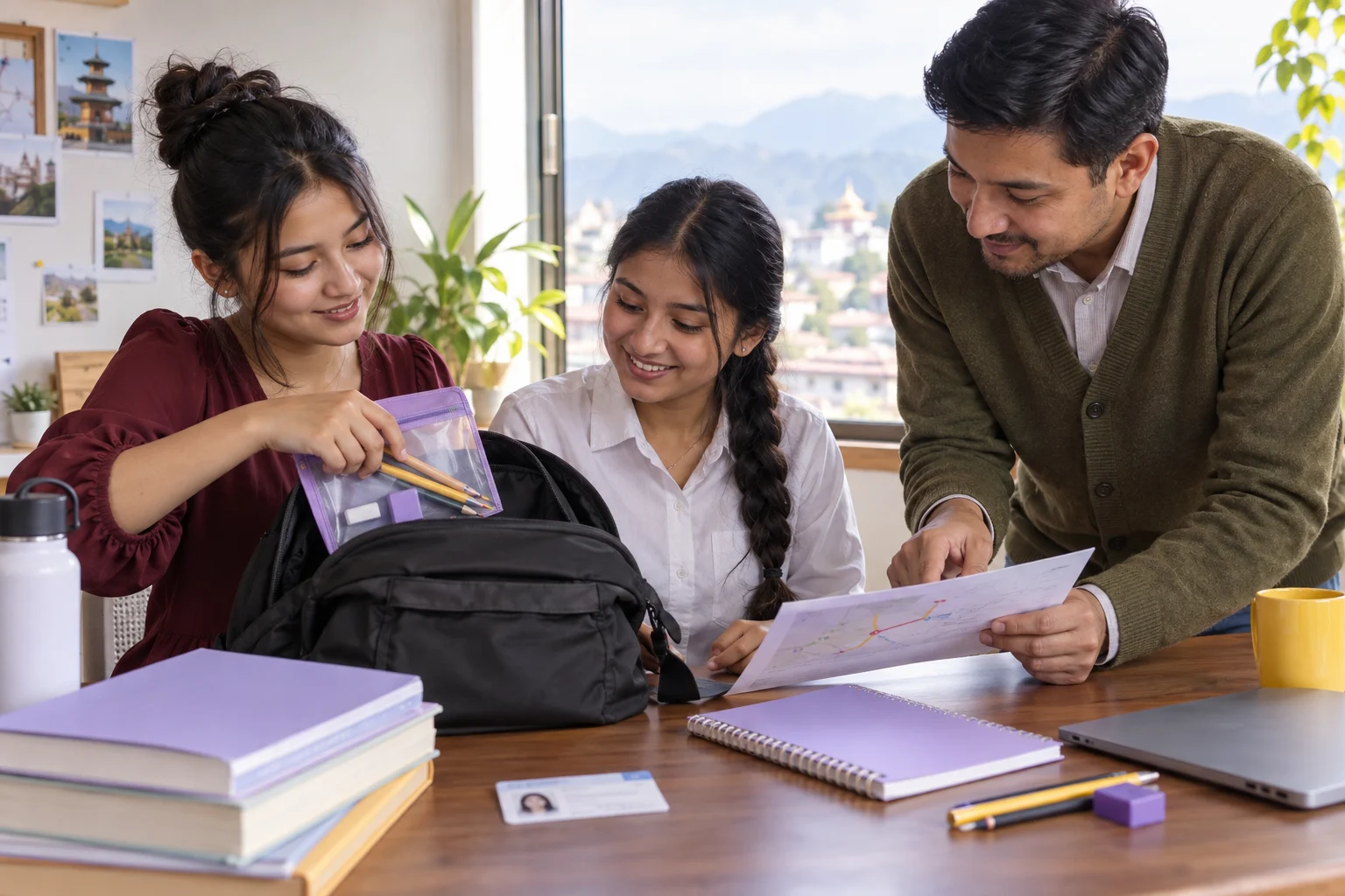 Two Nepali teenage girls preparing an SAT test-day bag with a mentor
