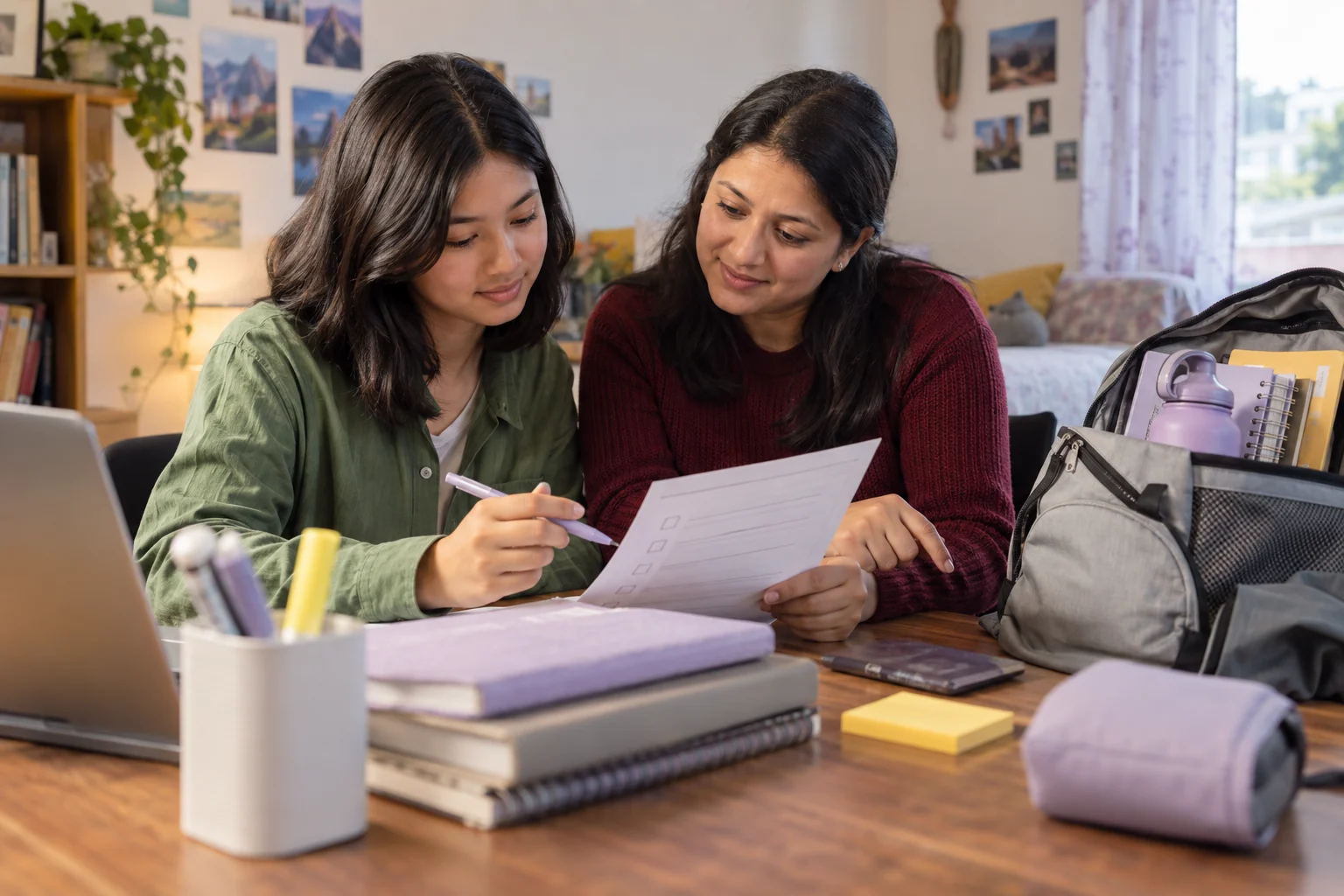 Nepali teenage girl reviewing an SAT test-day checklist with a tutor