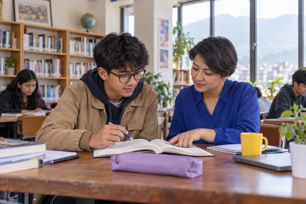 Nepali teenage boy identifying the central idea of an SAT reading passage with a tutor