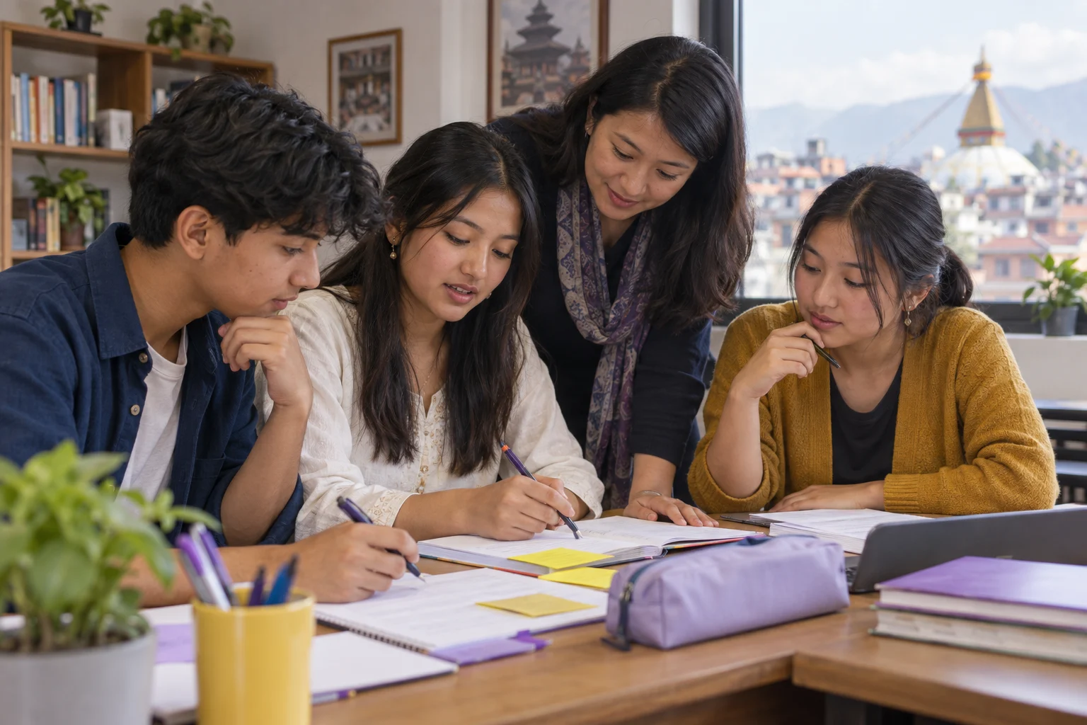 Nepali teenage students reviewing main ideas and supporting details together