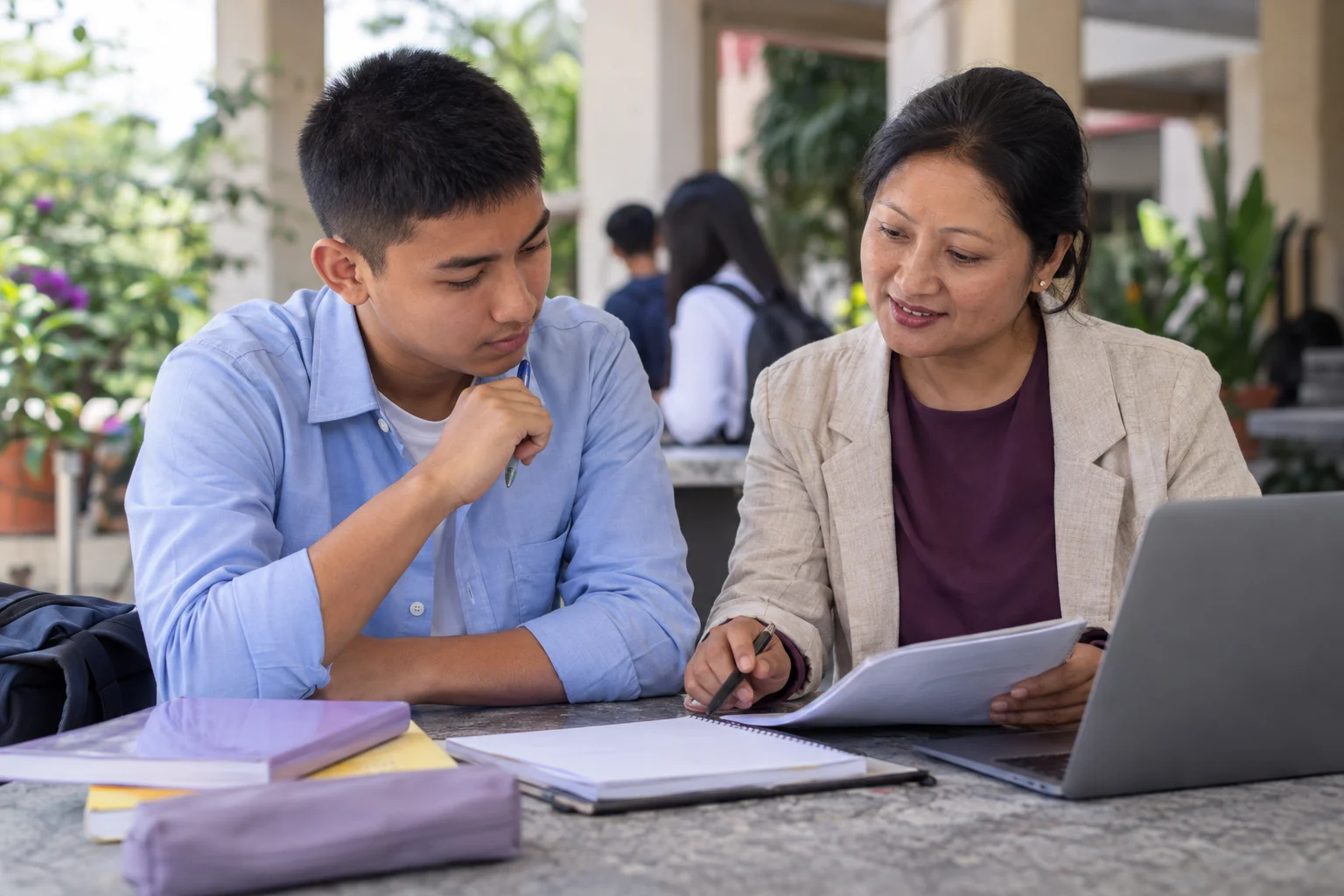 Nepali teenage boy reviewing textual evidence in an SAT passage with a mentor
