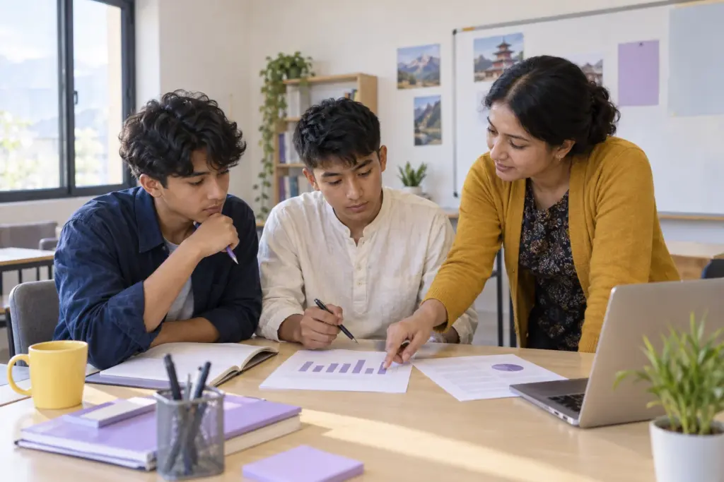 Two Nepali teenage boys comparing a chart and written claim with a teacher