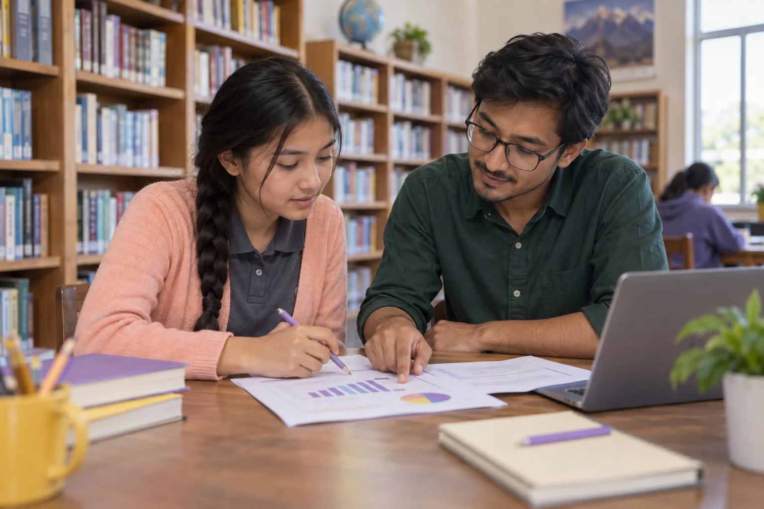Nepali teenage girl reviewing SAT quantitative evidence from a graph with a mentor