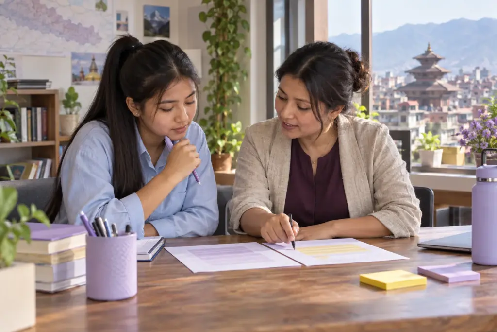 Nepali teenage girl comparing two SAT reading passages with a tutor